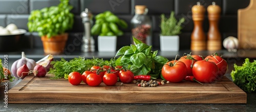 Wooden cutting board with tomatoes and herbs