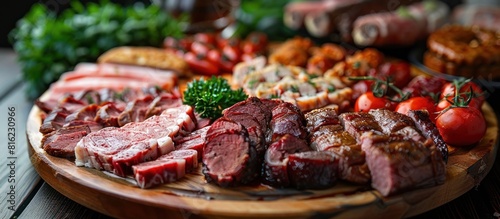 Assorted meats and vegetables on wooden table