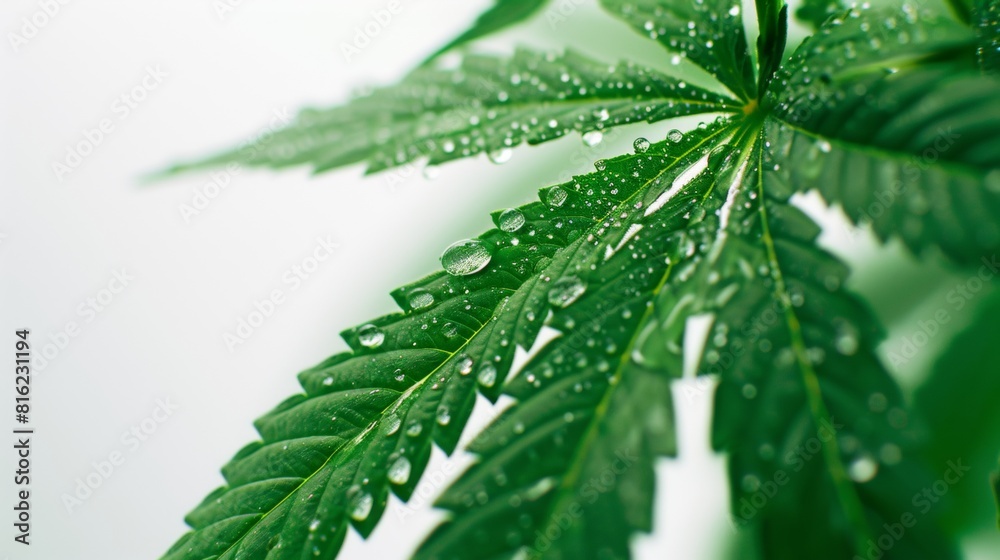 Fototapeta premium Cannabis plant leaves closeup macro view over plain background.