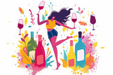Girl Dancing With Wine Bottles and Glasses