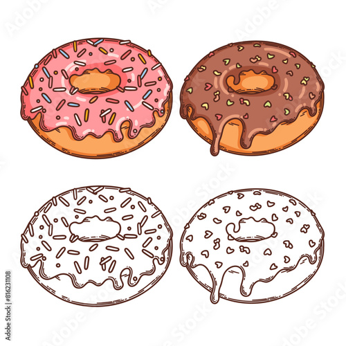 Donut with glaze icing and sprinkles dessert vector hand drawn coloring page for coloring book. Bake sweet dessert product.