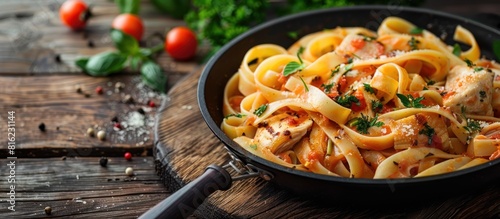 Pasta and tomatoes in a pan on wooden table