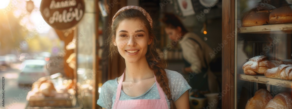 A friendly young woman in a pink apron stands at the entrance to a French bakery. light of sunrise. cute baker in a cozy coffee shop with cakes A friendly young woman in a pink apron stands at the entrance to a French bakery. light of sunrise. cute baker in a cozy coffee shop with cakes