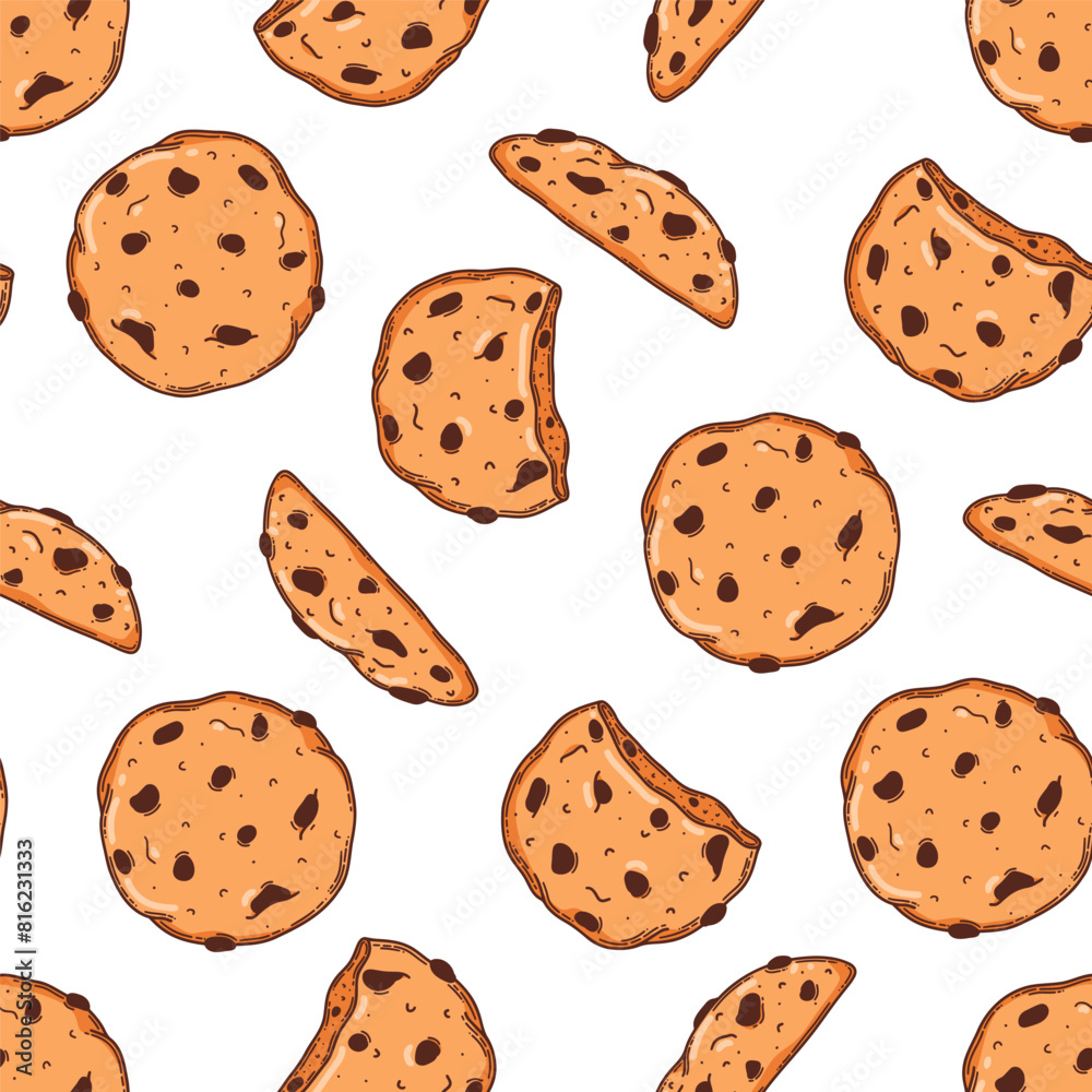 Vector bakery and confectionery seamless pattern template. Hand drawn oat cookies with chocolate chip Vector bakery and confectionery seamless pattern template. Hand drawn oat cookies with chocolate chip