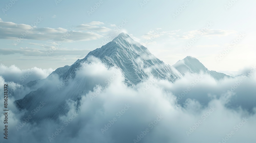 A mountain peak shrouded in clouds and fog, creating a mystical atmosphere.

