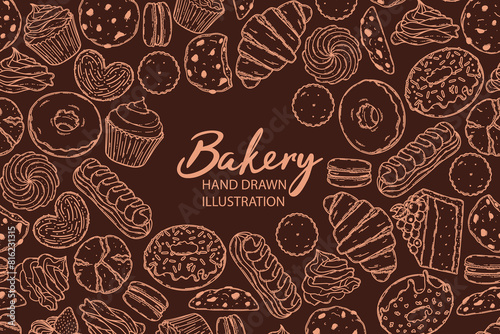 Vector backery and confectionery template. Hand drawn donuts, cupcakes, macarons, croissant cookies and other sweets