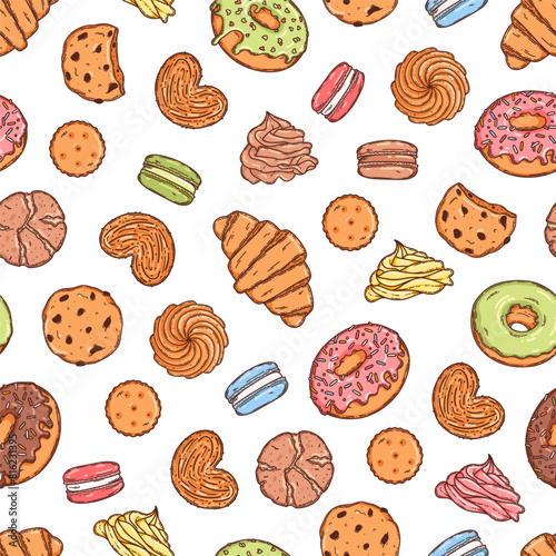Vector backery and confectionery seamless pattern template. Hand drawn donuts, cupcakes, macarons, croissant cookies and other sweets