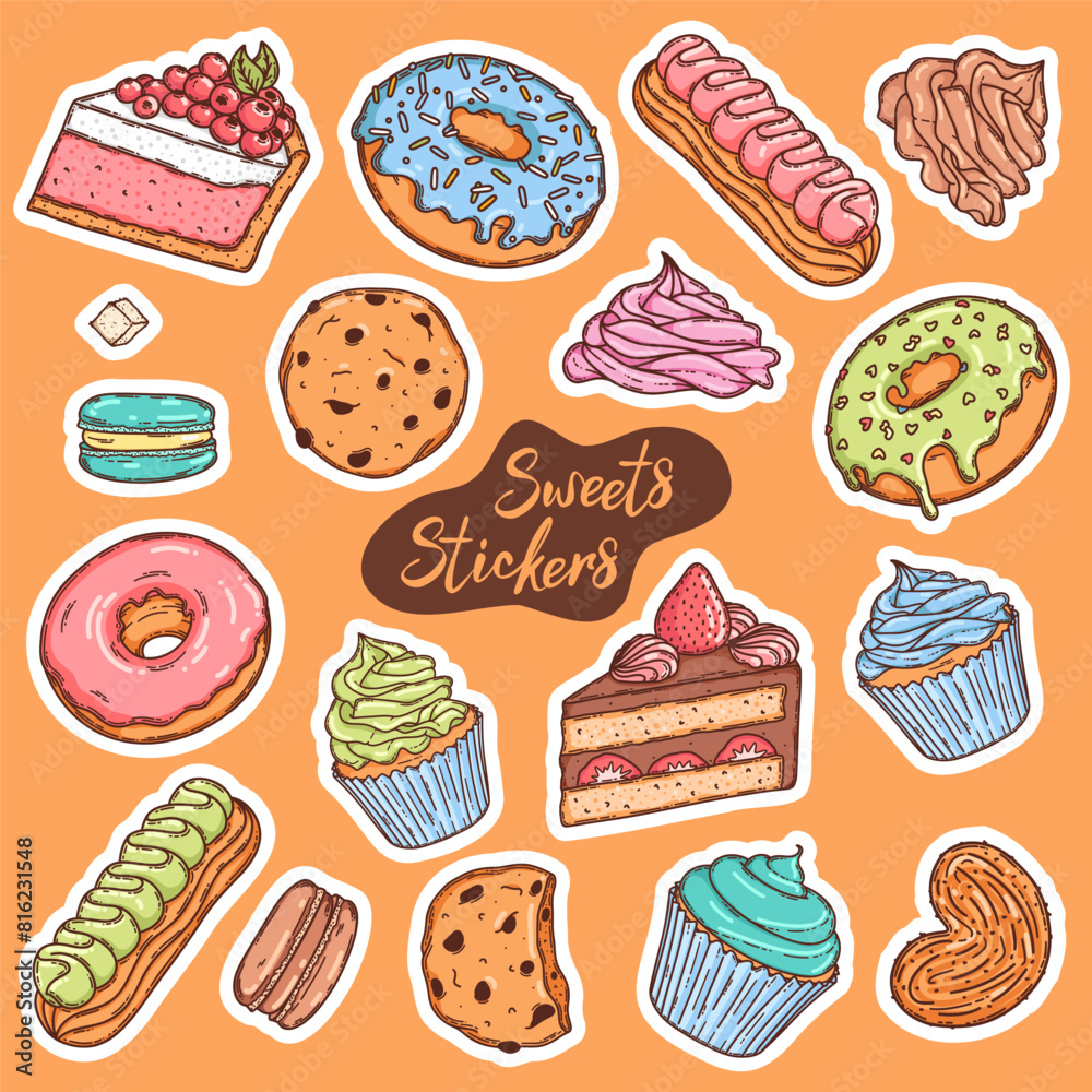 Pastry sweet vector stickers collection. Cupcake, macaron, cream topping, cookies and donut, fruit and berry confectionery set