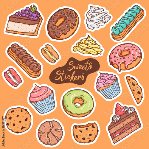Pastry sweet vector stickers collection. Cupcake, macaron, cream topping, cookies and donut, fruit and chocolate  confectionery set