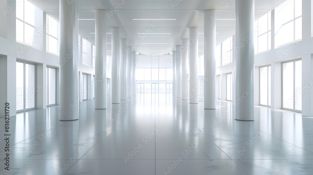 panorama view in empty modern hall with columns doors and panoramic windows : Generative AI panorama view in empty modern hall with columns doors and panoramic windows : Generative AI