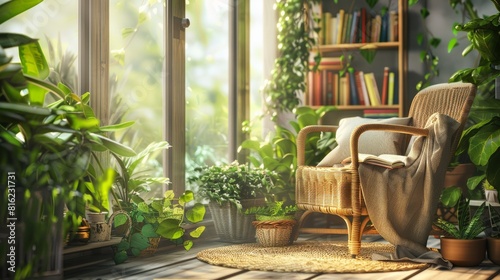 Reading books on a cozy balcony or beautiful terrace filled with green plants during summer.