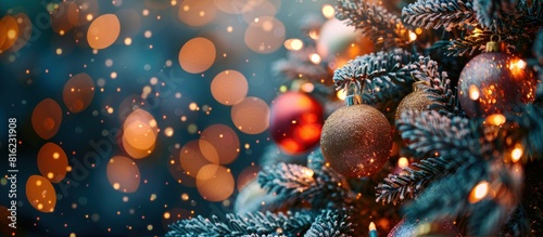 Close up of christmas tree with ornaments and bokeh
