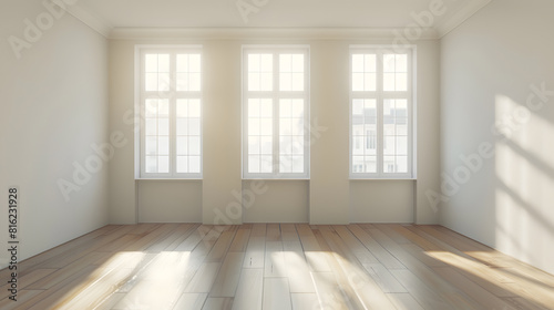 empty room after renovation two windows white walls  and wooden floor in new apartment   Generative AI