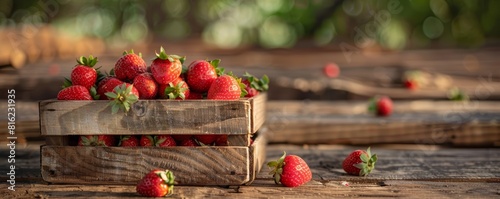 Sunlit fresh strawberries in a rustic wooden crate outdoors. Natural lighting photography.