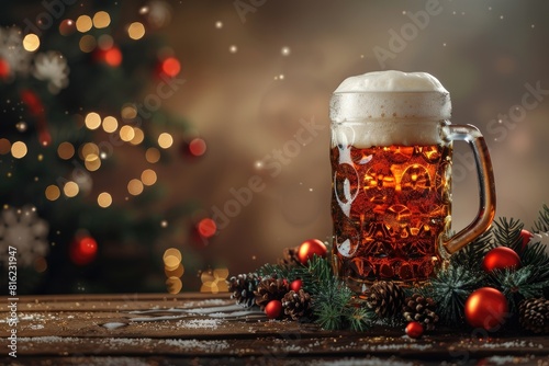 A glass of beer, template, mockup of an alcoholic beverage standing on a wooden table on the background of a beerhouse. Suitable for pub or bar menu design. photo