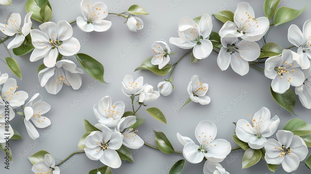 White apple tree blossoms against a gray background, symbolizing spring.
White apple tree blossoms against a gray background, symbolizing spring.