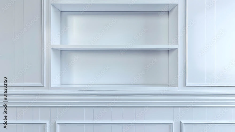 Open wall cabinet with empty shelves for product display clean white cabinet cover white melamine board or wainscoting cover white melamine in kitchen : Generative AI Open wall cabinet with empty shelves for product display clean white cabinet cover white melamine board or wainscoting cover white melamine in kitchen : Generative AI