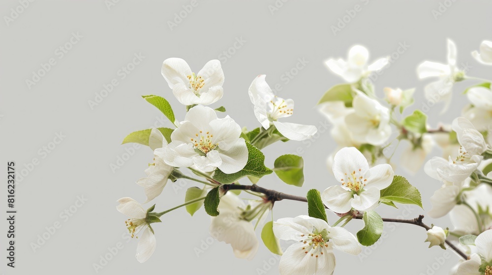 Fototapeta premium White apple tree blossoms against a gray background, symbolizing spring.