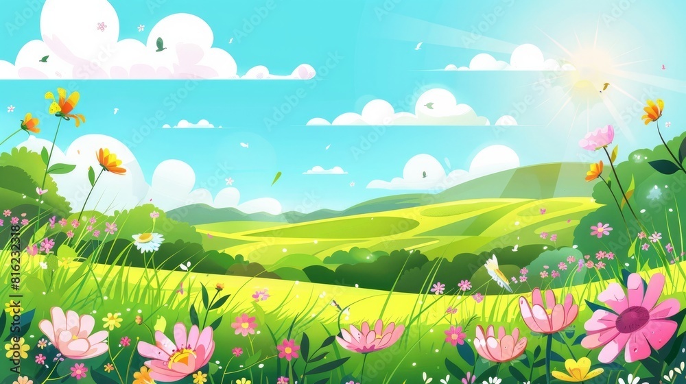 Cartoon vector illustration of a spring landscape in a park with flowers and a green grass meadow.
Cartoon vector illustration of a spring landscape in a park with flowers and a green grass meadow.