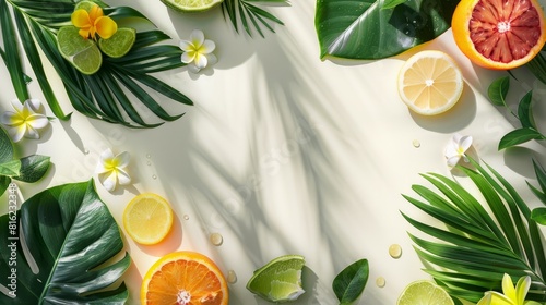 Summer tropical background with a space for a text  various fruits  green leaves