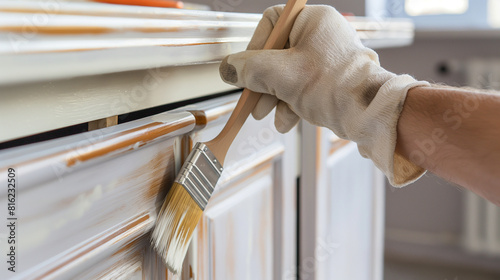 Closeup de mãos de homem com luvas segurando o pincel de pintura e pintando o armário de cozinha escuro na cor branca. Renovando o restyling de móveis de madeira antigos. Estilo de vida sustentável photo
