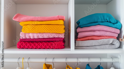 Pilha de roupas coloridas dobradas na prateleira branca do guarda-roupa em casa. Lavanderia e casa, arrumação, limpeza de quartos, organização de guarda-roupas, conceito de doação photo