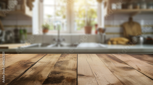 Tampo de mesa de madeira natural grunge com espaço de cópia para publicidade de produtos sobre fundo interior de cozinha desfocado em casa photo