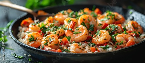 Shrimp and rice in skillet
