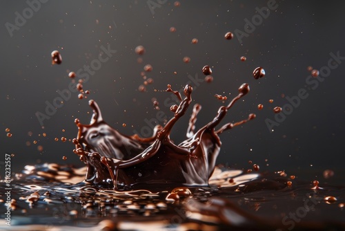 Rich chocolate splash background dessert concep, choco spray, liquid desserts, abstract bachdrop. photo