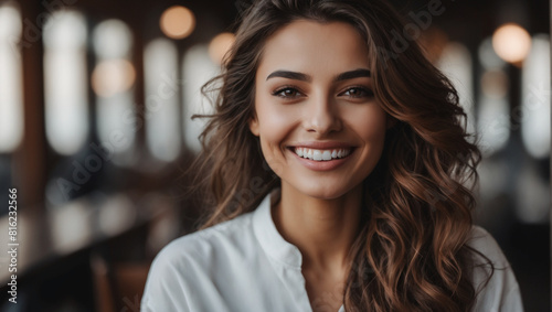 Closeup photo portrait of a beautiful young turkish model woman smiling with white teeth photo