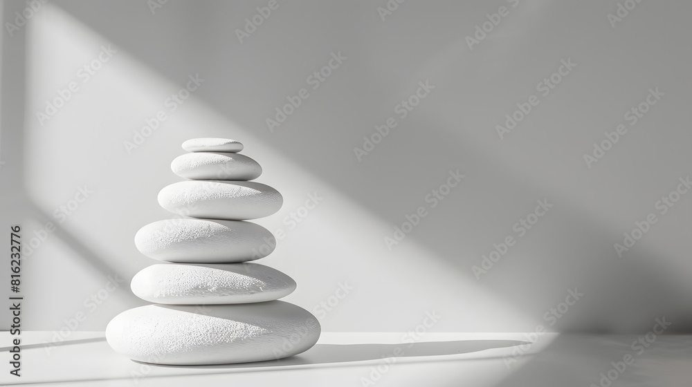 Obraz premium Stack white stones platform podium on gray light copy space background Minimal empty display product presentation scene : Generative AI