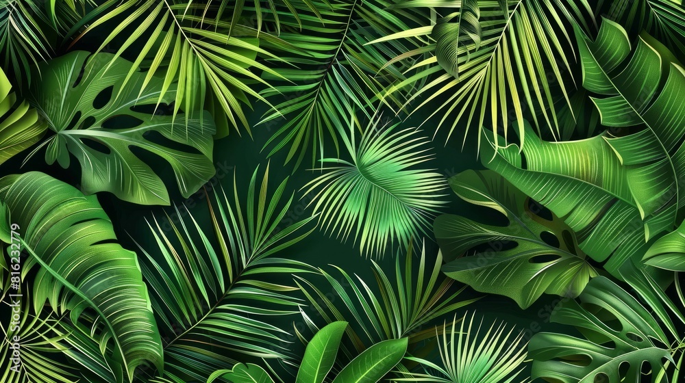 Seamless vector floral pattern of tropical and jungle palm leaves.

