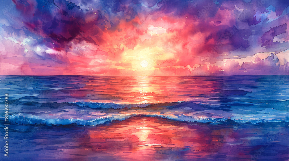 Romantic mood: watercolor sunset over the ocean