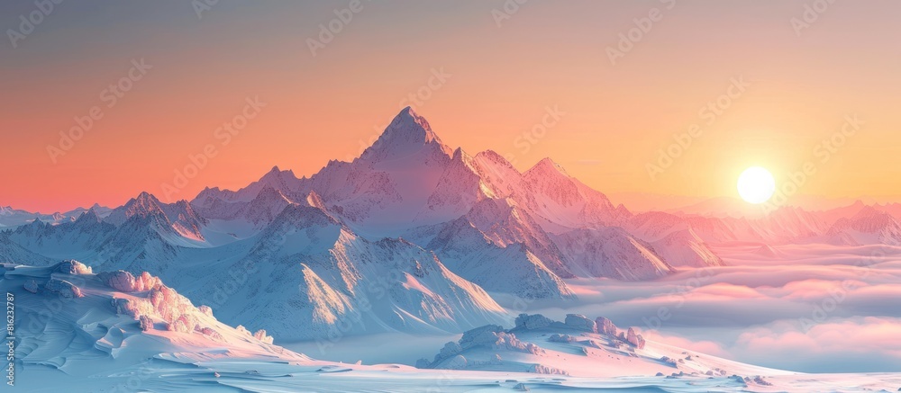 Sunrise over snow-covered mountain range