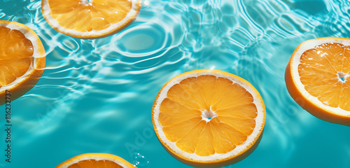 Summer background with orange fruit slices in swimming pool clear water. Summer refreshing wallpaper with copy space.