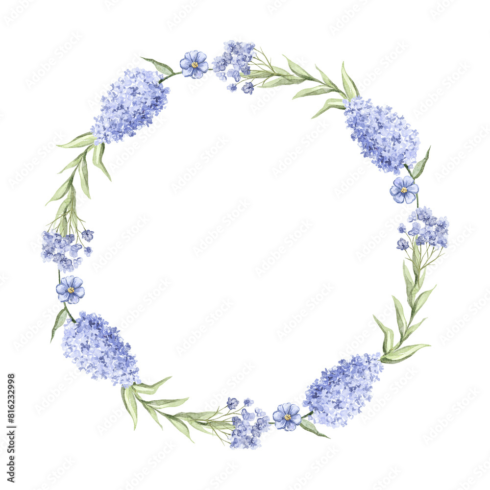 Round oval composition frame with green twigs and purple lilac branches with flowers vegetation composition isolated on white background. Watercolor hand drawn illustration sketch Round oval composition frame with green twigs and purple lilac branches with flowers vegetation composition isolated on white background. Watercolor hand drawn illustration sketch