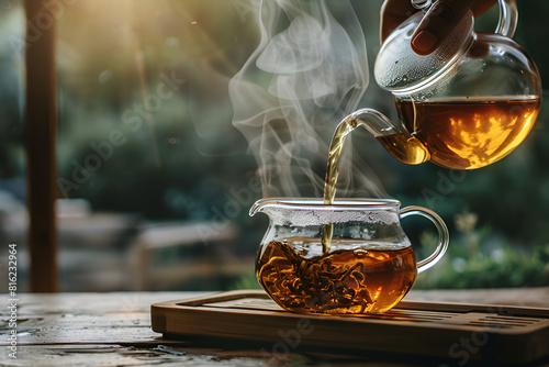 A hand pouring tea from glass teapot on wooden serving tray photo