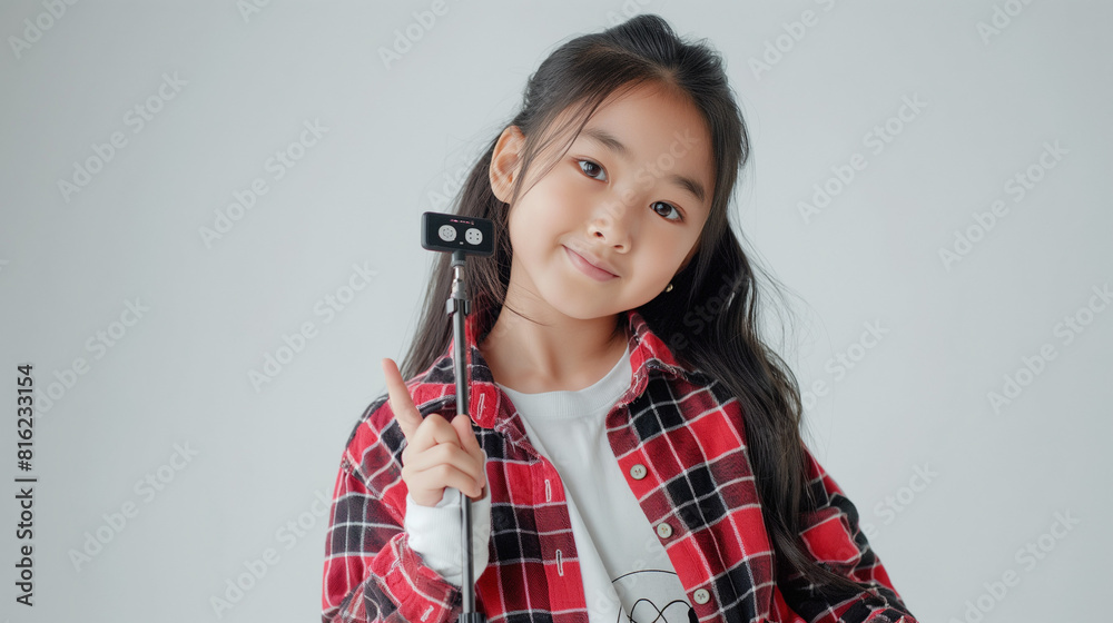medium shot, third quater right side angle shoot, full body shot, female asian indonesian teen girl, gesture smiling happy with selfie stick camera, studio lighting, white isolated backgroud, vibrance medium shot, third quater right side angle shoot, full body shot, female asian indonesian teen girl, gesture smiling happy with selfie stick camera, studio lighting, white isolated backgroud, vibrance