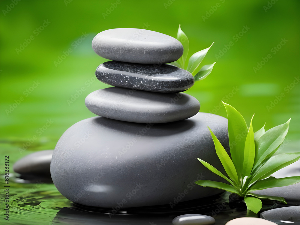 Green Leaves Grace Grey Zen Stones by Water. Green Leaves Grace Grey Zen Stones by Water.