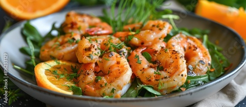 Fresh shrimp with greens and orange slices © FryArt Studio