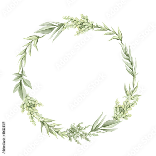 Round oval composition frame with vintage green twigs and leaves vegetation composition isolated on white background. Watercolor hand drawn illustration sketch