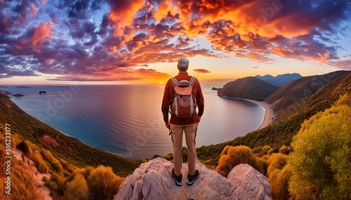 Mature backpacker looking at the panoramic view on a hilltop. Rearview of a male hiker standing alone on a coastal hill. Adventurous mature man enjoying the sunset outdoors. photo
