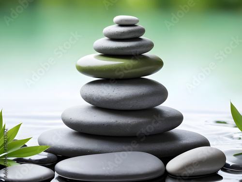 Grey Zen Stones  Green Leaves  Water Symphony.