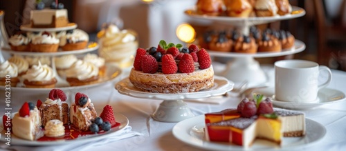 Assorted cakes and pastries spread on table © FryArt