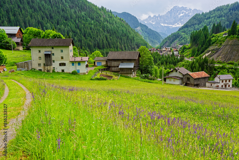 Fototapeta premium Small rural village nestled in the Dolomite Mountains Italy.Green morning scene of countryside in Swiss Alps, Bernese italian in the canton of Bern, Switzerland, Europe. Alpine mountain pasture