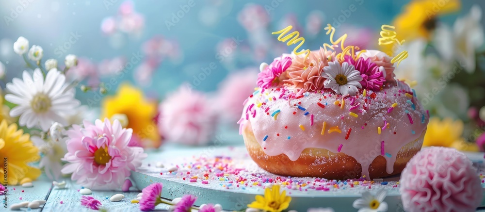 Donut with sprinkles and flowers on table Donut with sprinkles and flowers on table