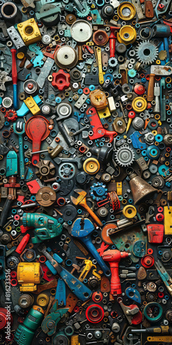 densely packed collage of tools, machinery, gears, hammers, circular saws, drills, jackhammers,generative ai