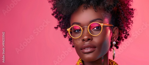 Stylish woman with afro hair and glasses on pink background