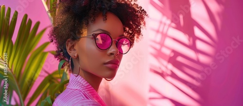 Stylish young woman wearing pink sunglasses against pink wall photo