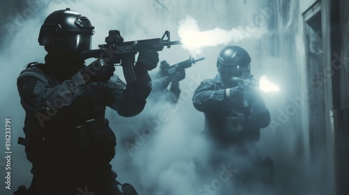Special police force SWAT tactical team in team action